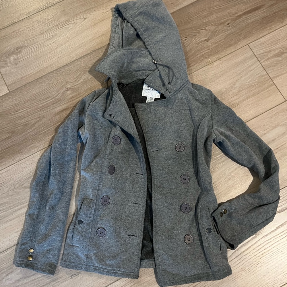 gray hooded button up jacket